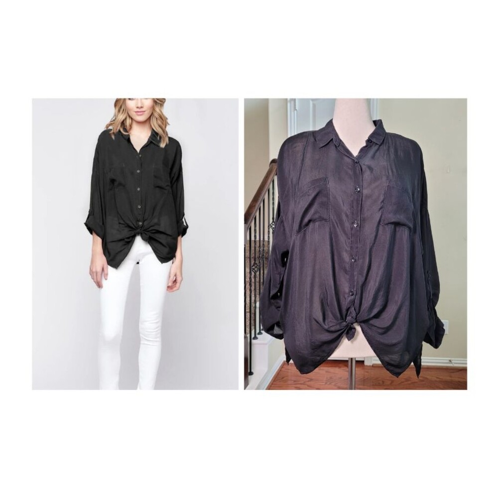 Maven West Cargo Pocket Shirt Top Black M Front Tie Sheer Silky Preppy Goth
